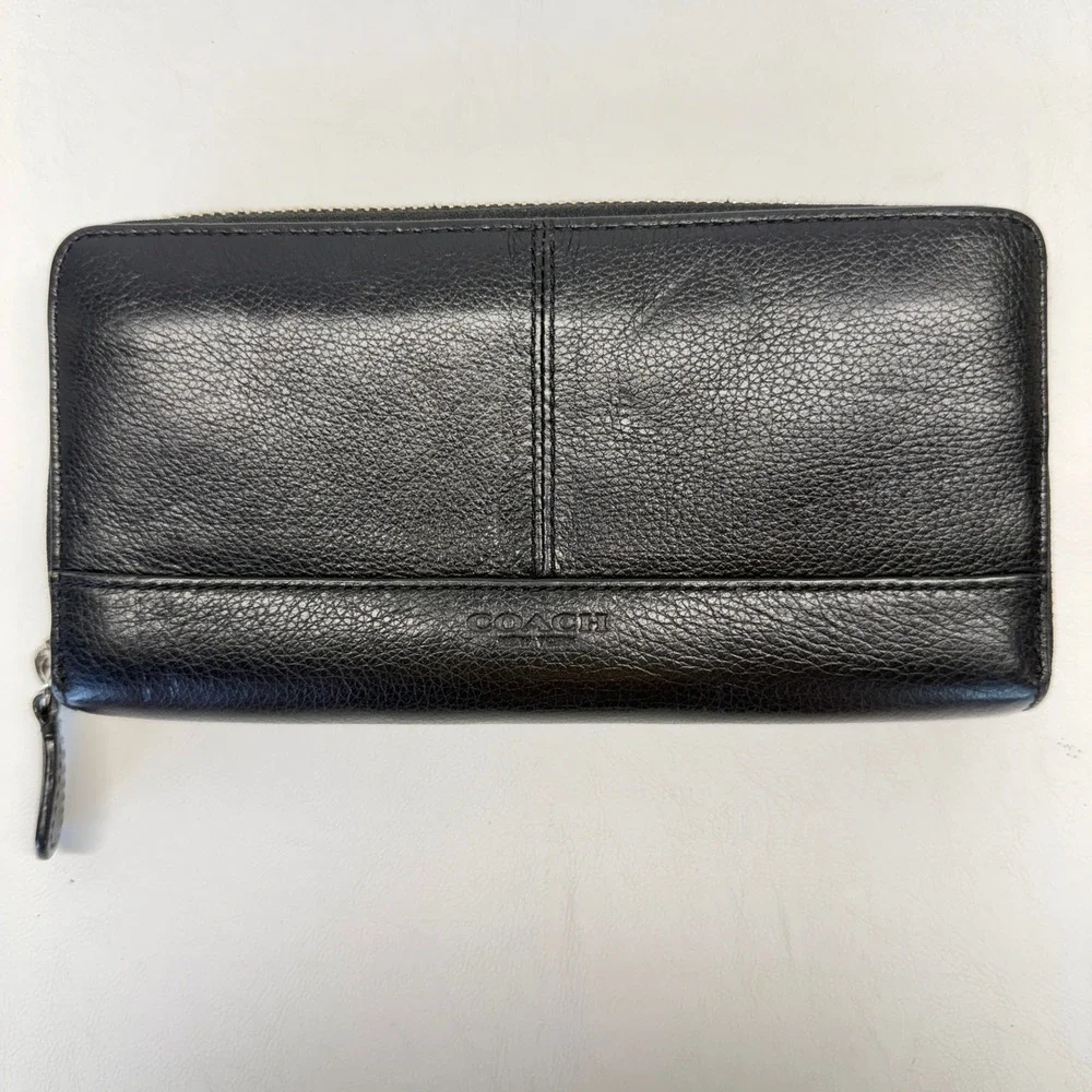 Coach F51764 Accordion Zip Wallet Black Pebbled Leather Long Clutch Organizer